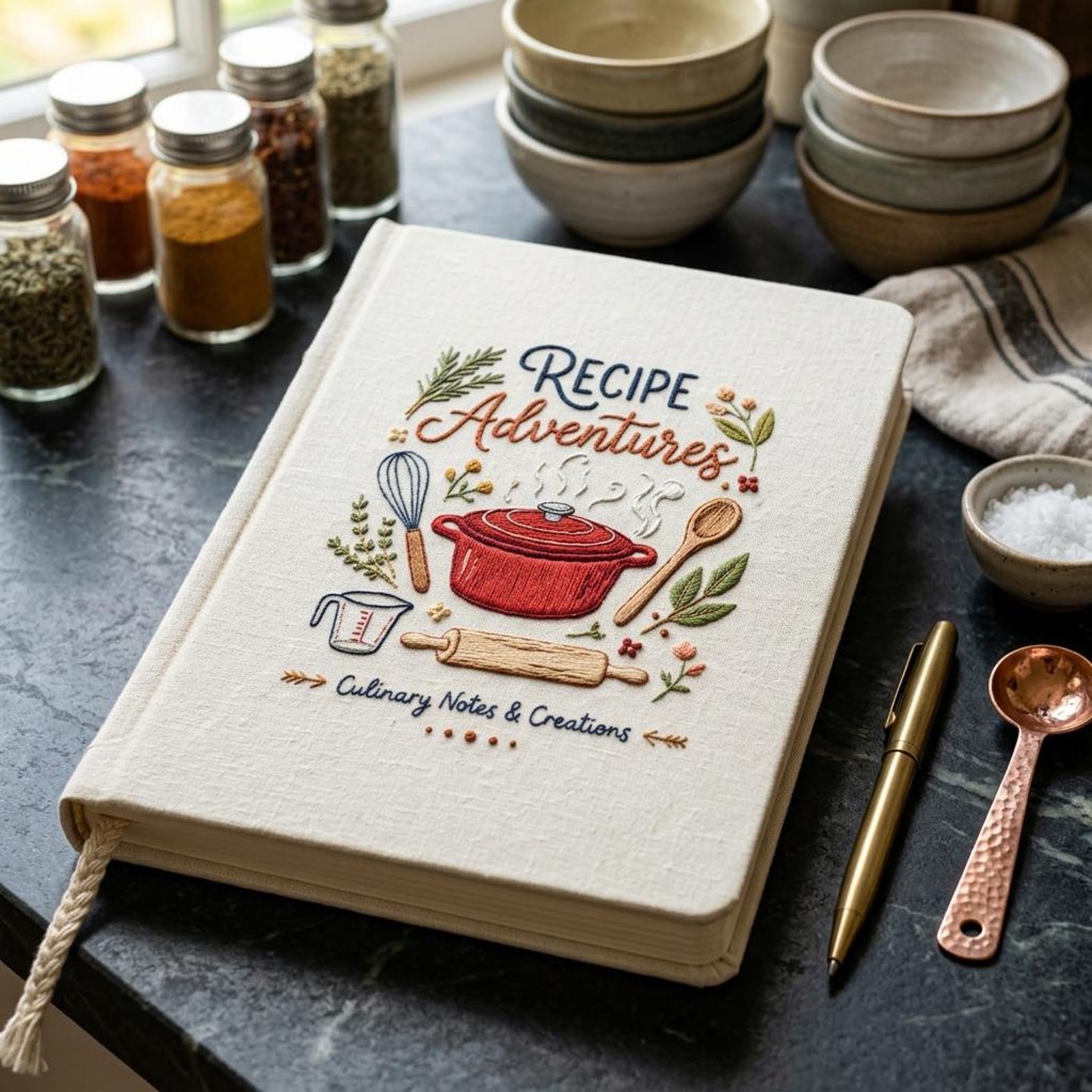 Hand embroidered recipe book featuring Dutch oven, whisk, measuring cup, rolling pin, wooden spoon, herbs, and culinary themed design on linen cover.