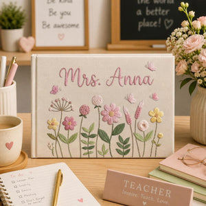 Personalized wildflower garden hand embroidered linen notebook with butterflies and custom name