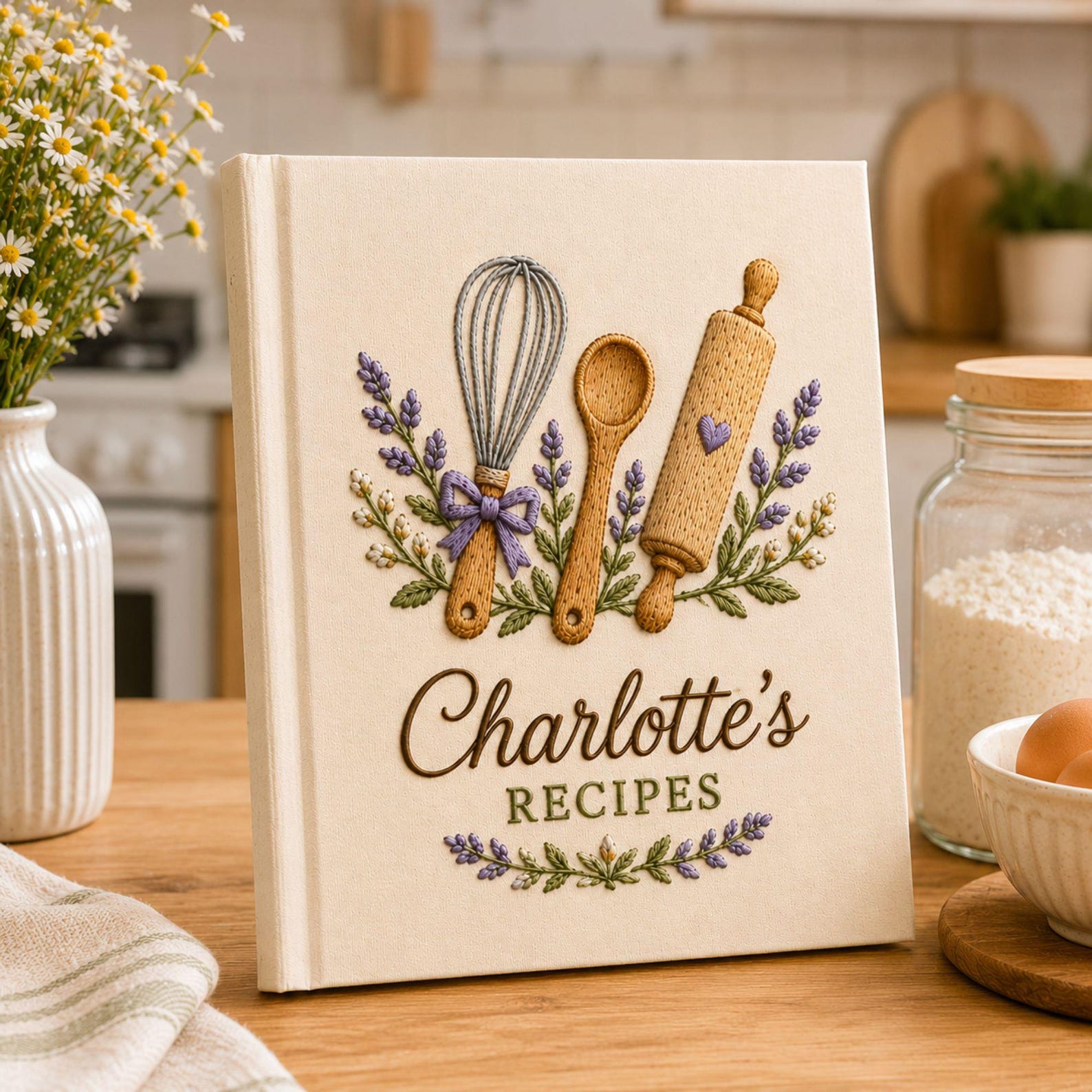 Personalized hand embroidered recipe book featuring lavender baking utensils embroidery with whisk spoon and rolling pin on linen cover