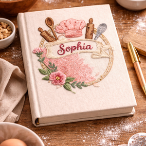 Personalized hand embroidered recipe book featuring chef hat, rolling pins, whisk, wooden spoon, floral accents, and custom name embroidery on a linen hardcover notebook.