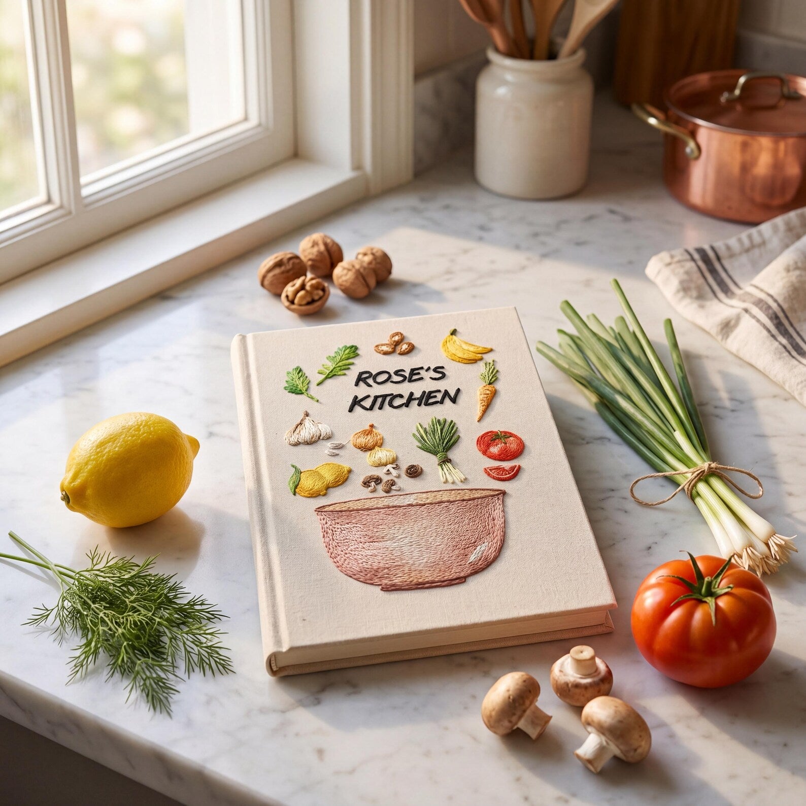 Personalized hand embroidered recipe book featuring fresh vegetables herbs garlic mushrooms lemons tomatoes and a rustic mixing bowl design on a linen cover.