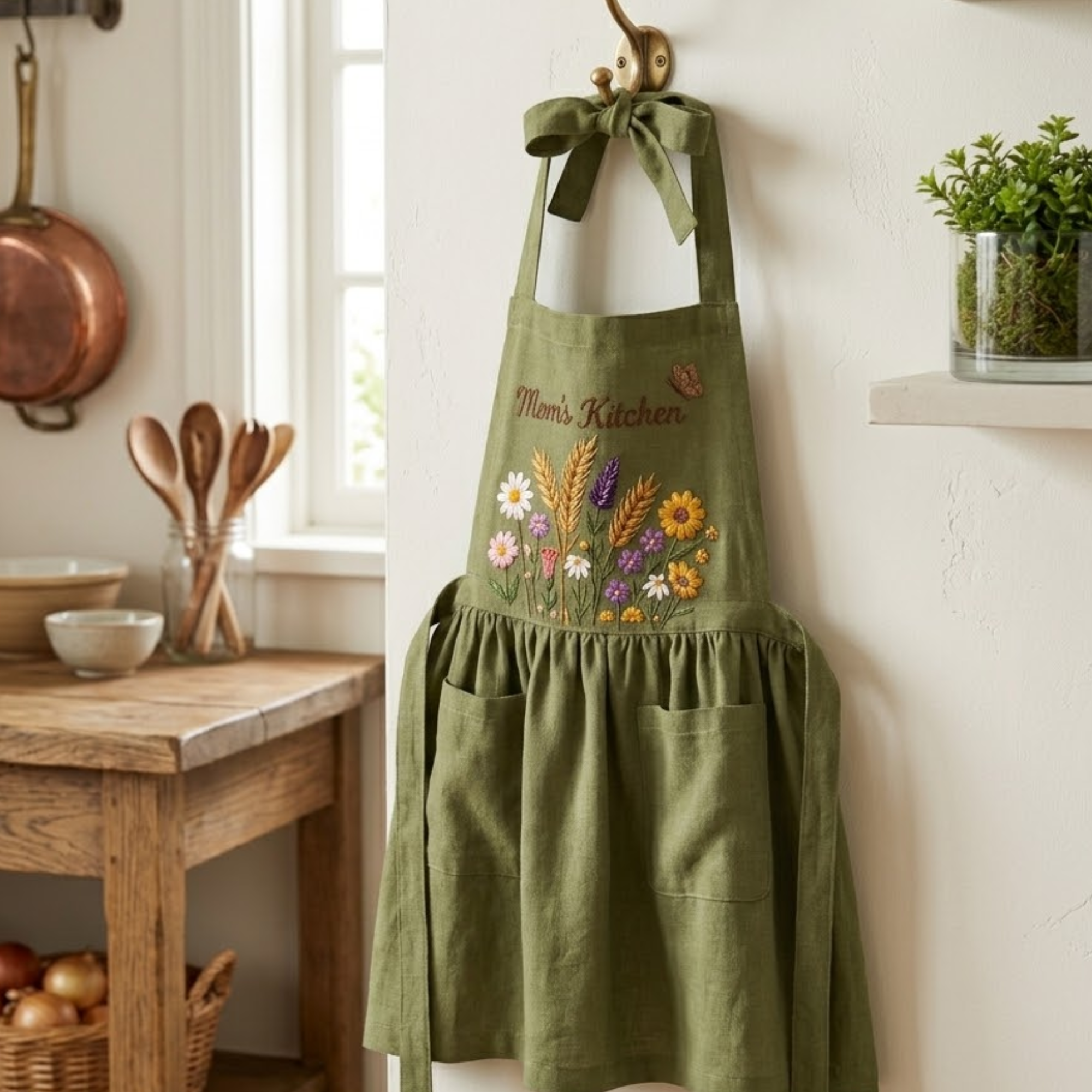 Personalized hand embroidered wildflower linen apron with custom name embroidery, colorful meadow flowers, cottagecore floral design, cooking and gardening apron.