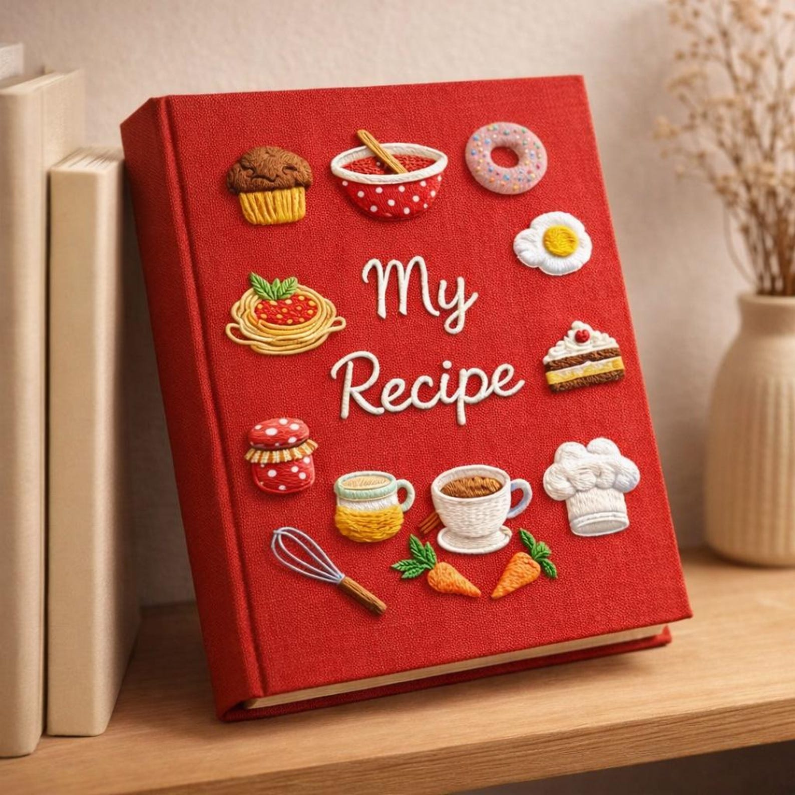 Personalized hand embroidered recipe book featuring muffins, donuts, cakes, coffee cups, jam jars, chef hat, whisk and bakery themed illustrations on linen cover.