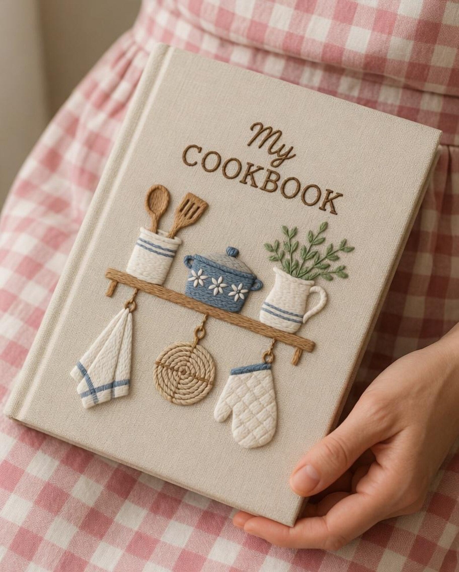 Hand embroidered recipe book featuring a farmhouse kitchen shelf with cooking utensils, floral pot, herb pitcher, oven mitt and rustic kitchen accessories.