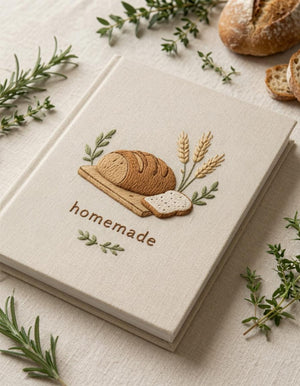 Hand embroidered recipe book featuring artisan bread loaf wheat stalks wooden board and farmhouse botanical accents on linen cover