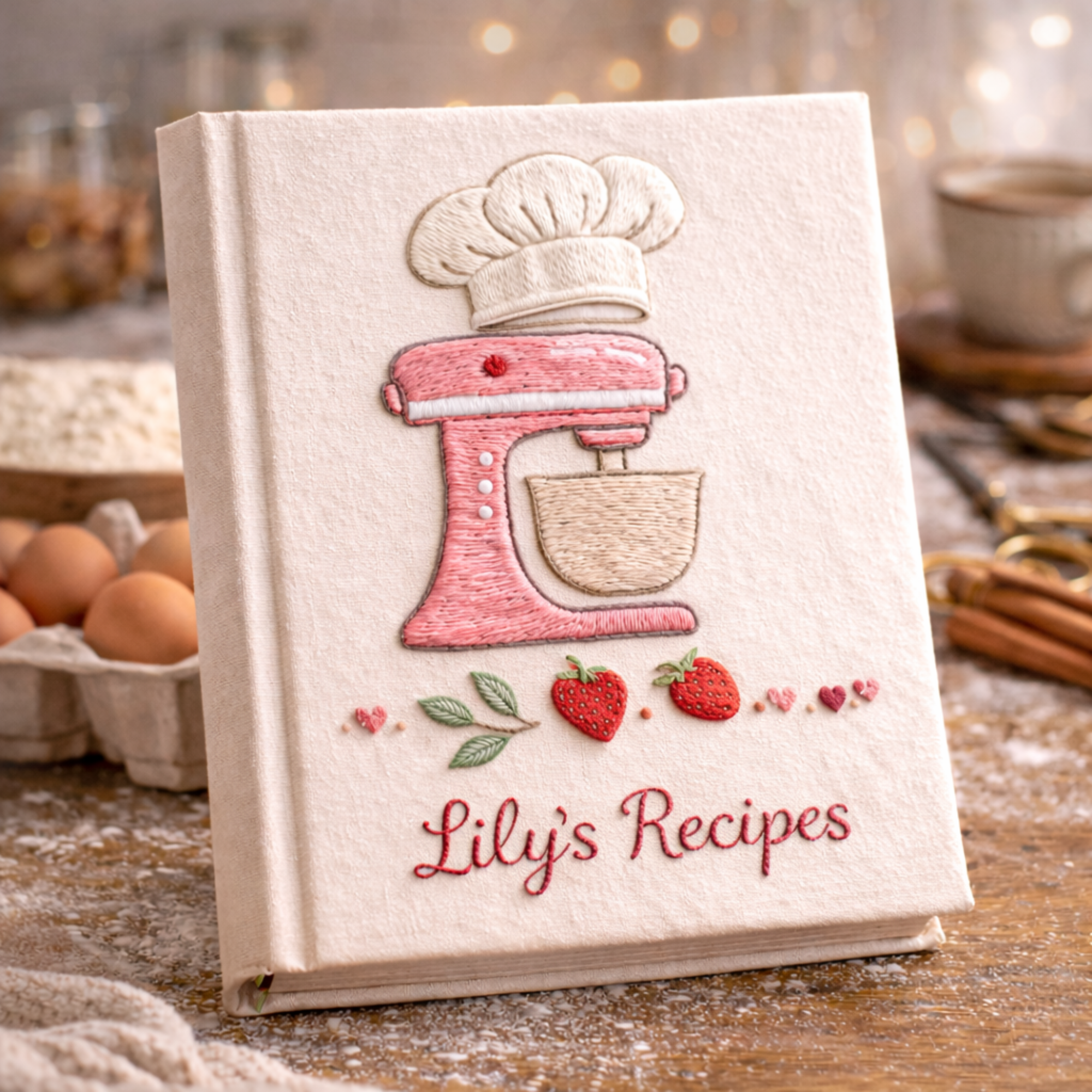 Personalized hand embroidered recipe book featuring a pink stand mixer, pastry piping bag, baking utensils and ribbon bow accents on a linen cover.