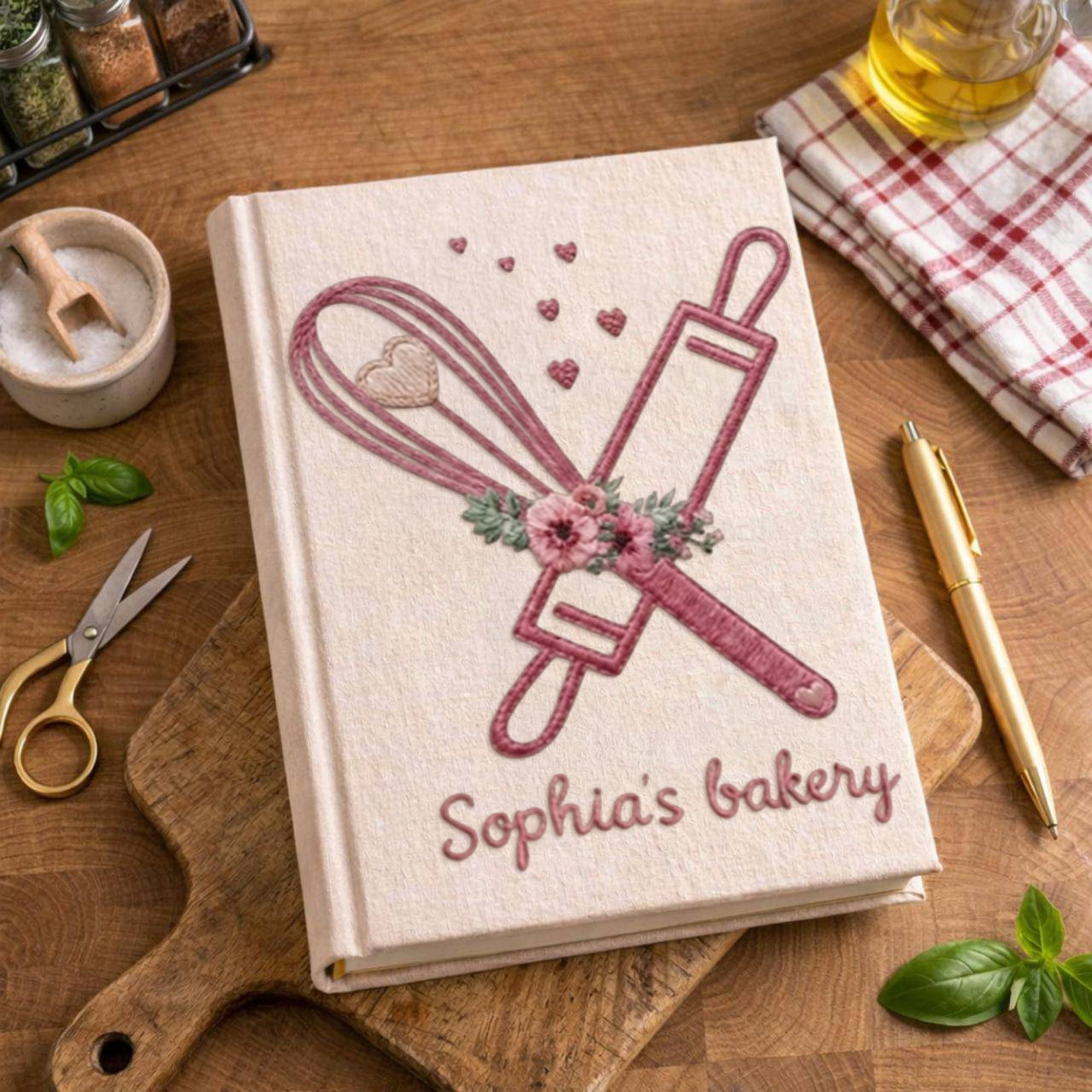 Personalized embroidered floral bakery recipe book handmade linen cookbook, Ver 1
