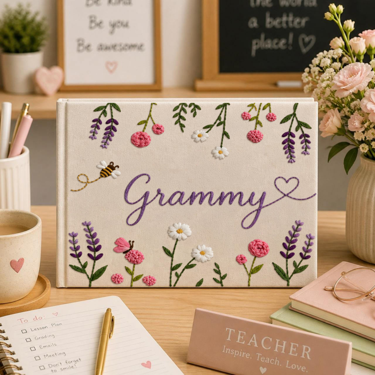 Personalized lavender blossom hand embroidered linen notebook with floral garlands butterflies daisies and custom name