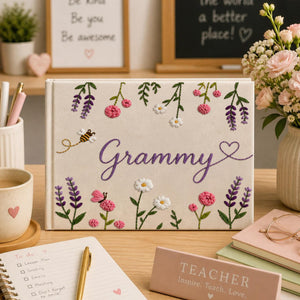Personalized lavender blossom hand embroidered linen notebook with floral garlands butterflies daisies and custom name