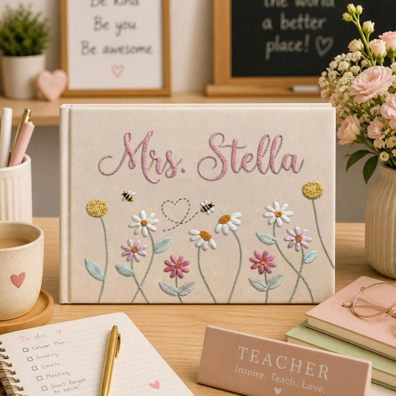 Personalized daisy bee hand embroidered linen notebook with floral meadow and custom name