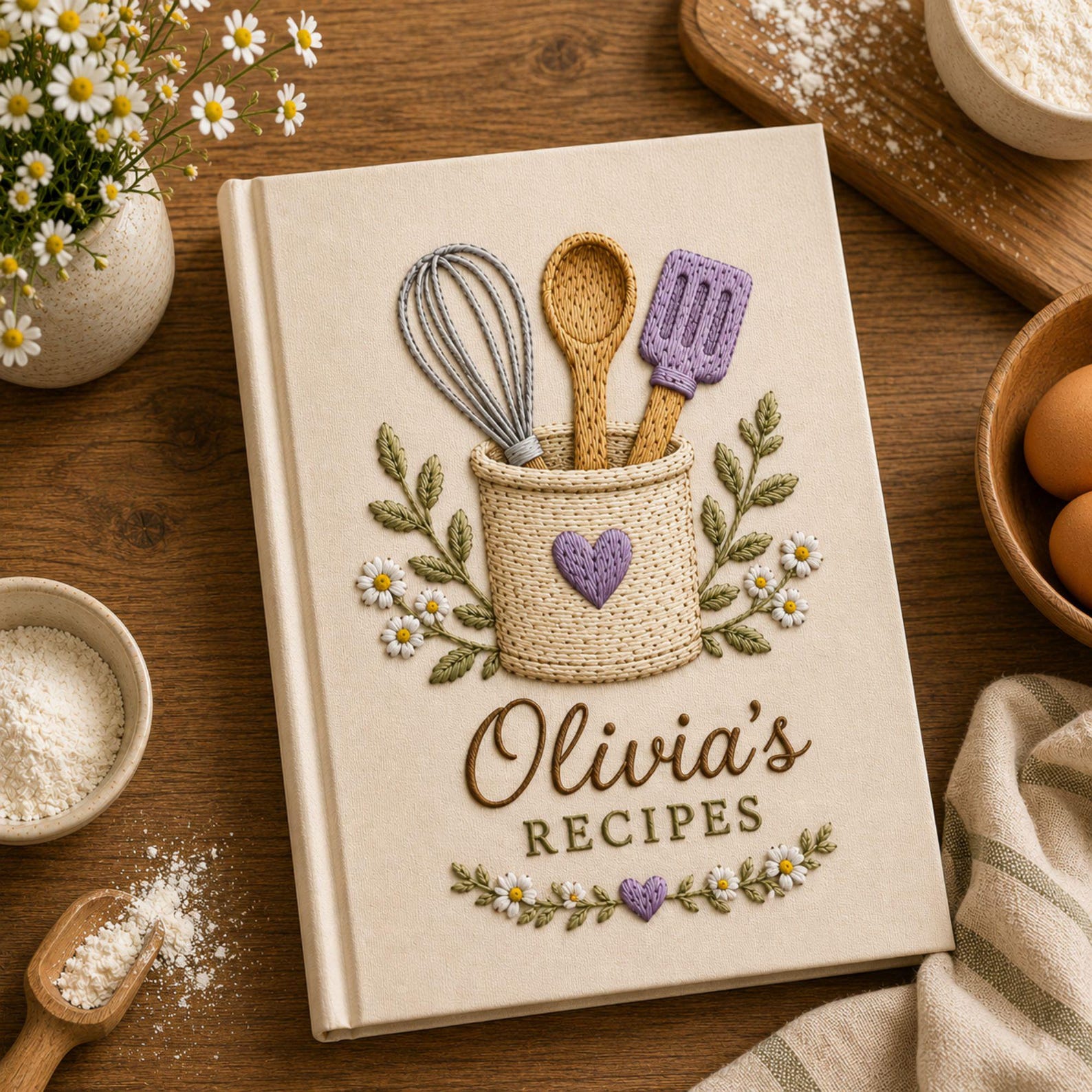 Personalized hand embroidered recipe book featuring rustic utensil holder, whisk, wooden spoon, spatula, daisies, greenery, and cottage kitchen design on linen cover.