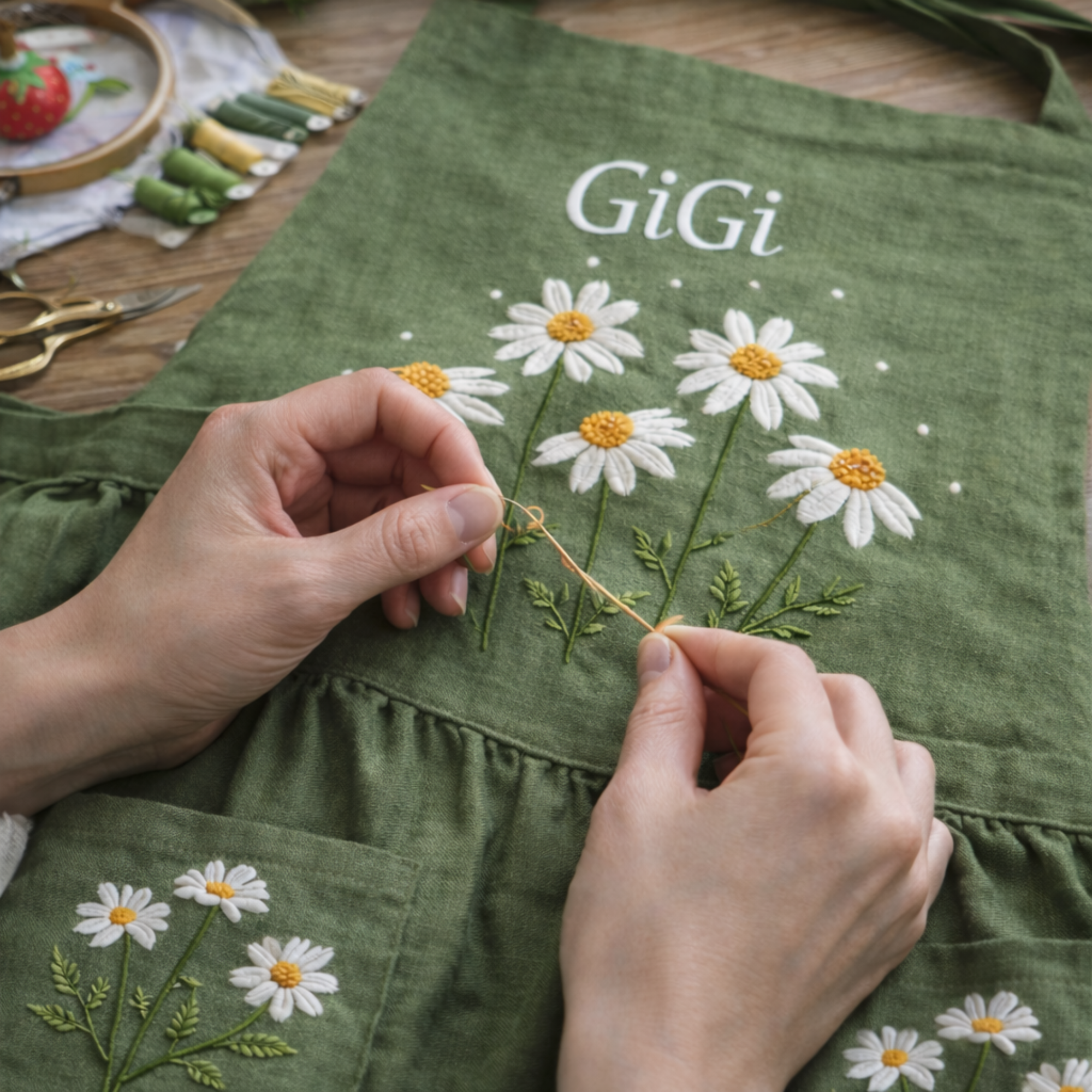 Personalized hand embroidered linen apron featuring white daisy flowers, botanical foliage, custom name embroidery, and floral pocket details.