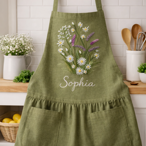 Personalized hand embroidered green linen apron featuring colorful wildflowers, butterfly embroidery, botanical meadow design, and custom kitchen text.