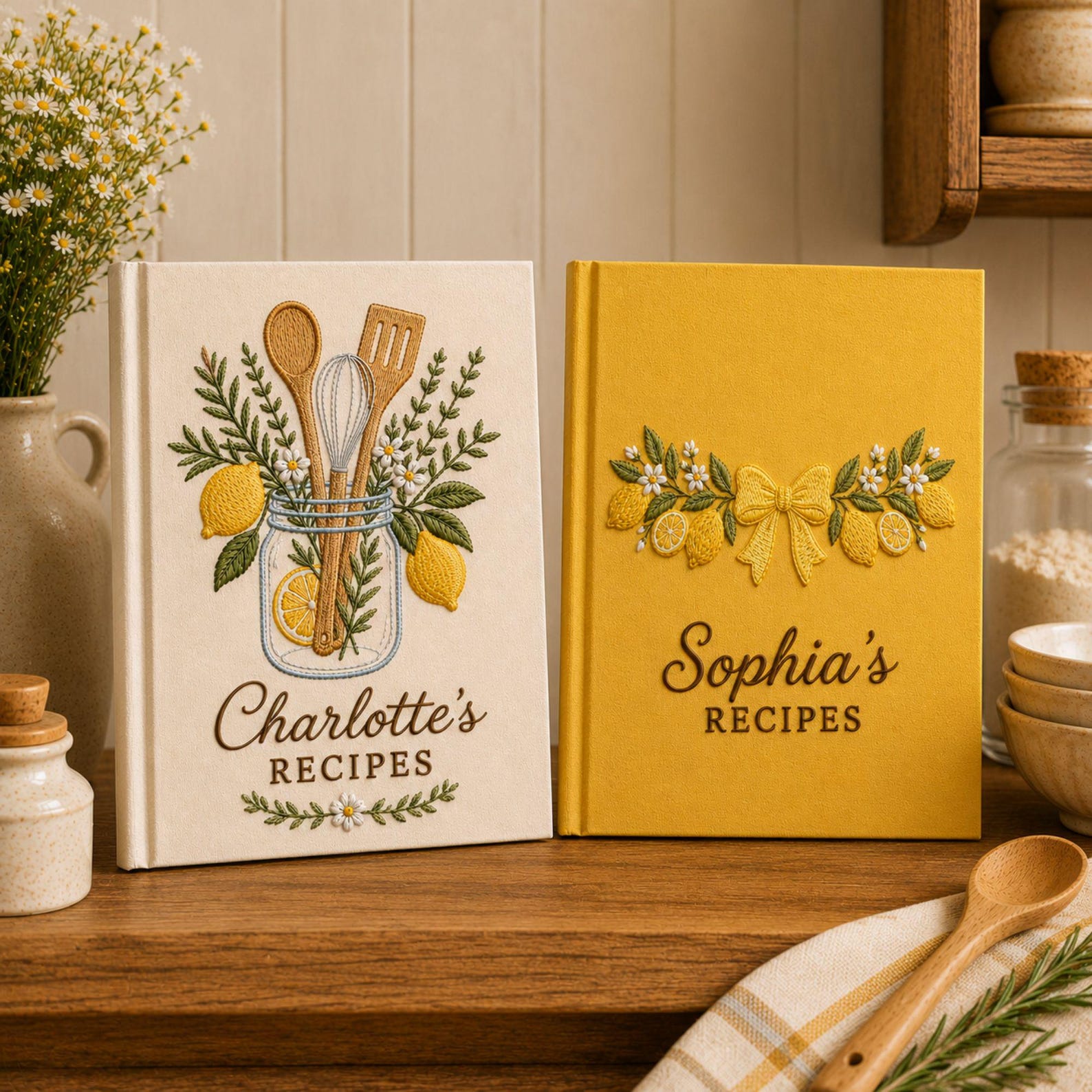 Personalized lemon blossom hand embroidered recipe book featuring lemons, lemon slices, white flowers, greenery, and decorative bow embroidery on linen cover