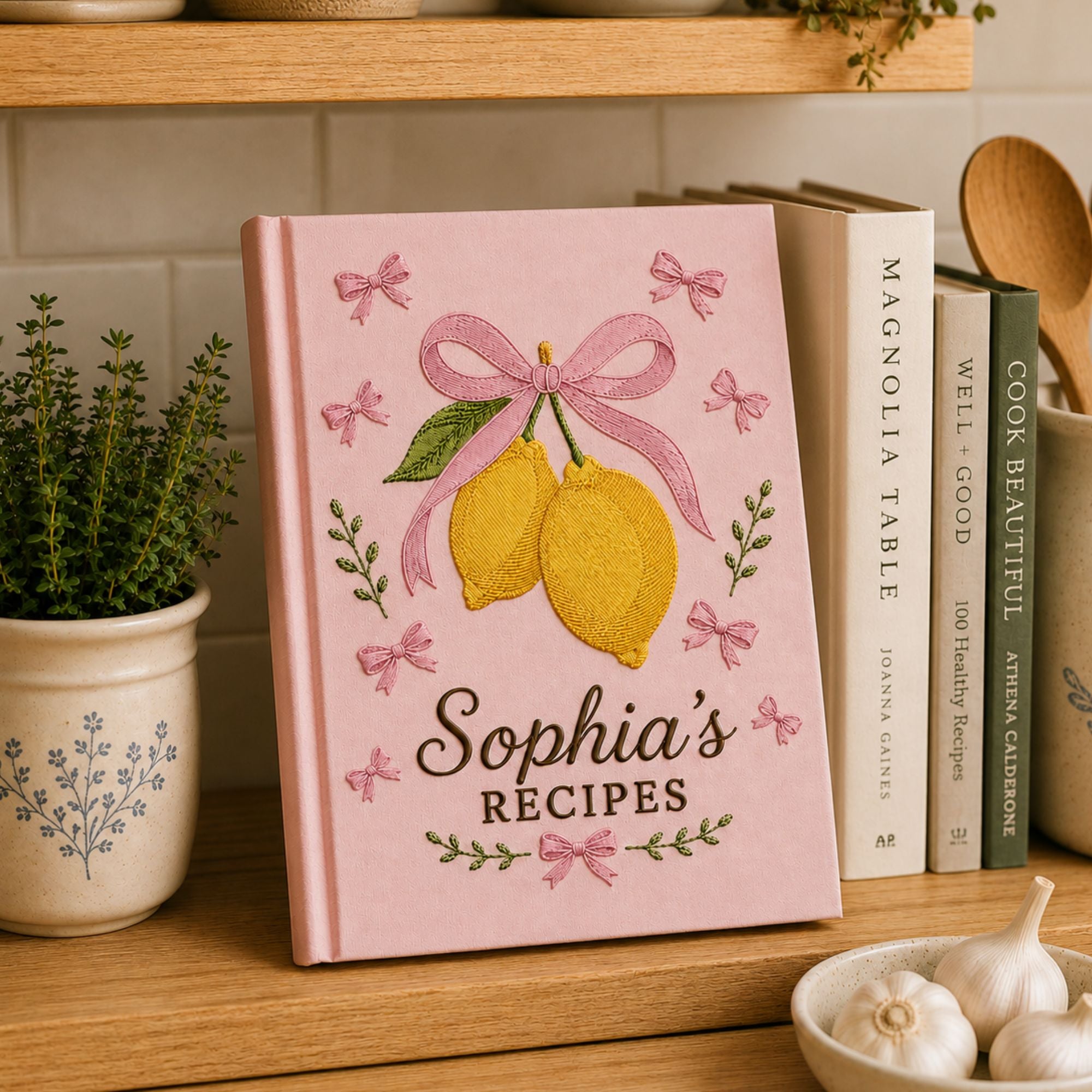 Personalized lemon hand embroidered recipe book with blue bow and custom family recipe title