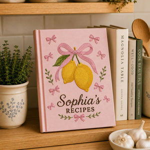 Personalized lemon hand embroidered recipe book with blue bow and custom family recipe title