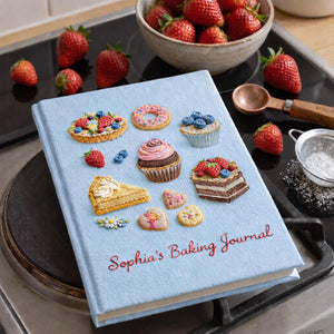 Personalized hand embroidered baking journal featuring cupcakes, donuts, fruit tarts, cakes, cookies and dessert themed illustrations on linen recipe book cover.