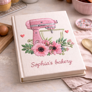 Personalized hand embroidered recipe book featuring a vintage red stand mixer decorated with blooming roses and floral accents on a linen cover.