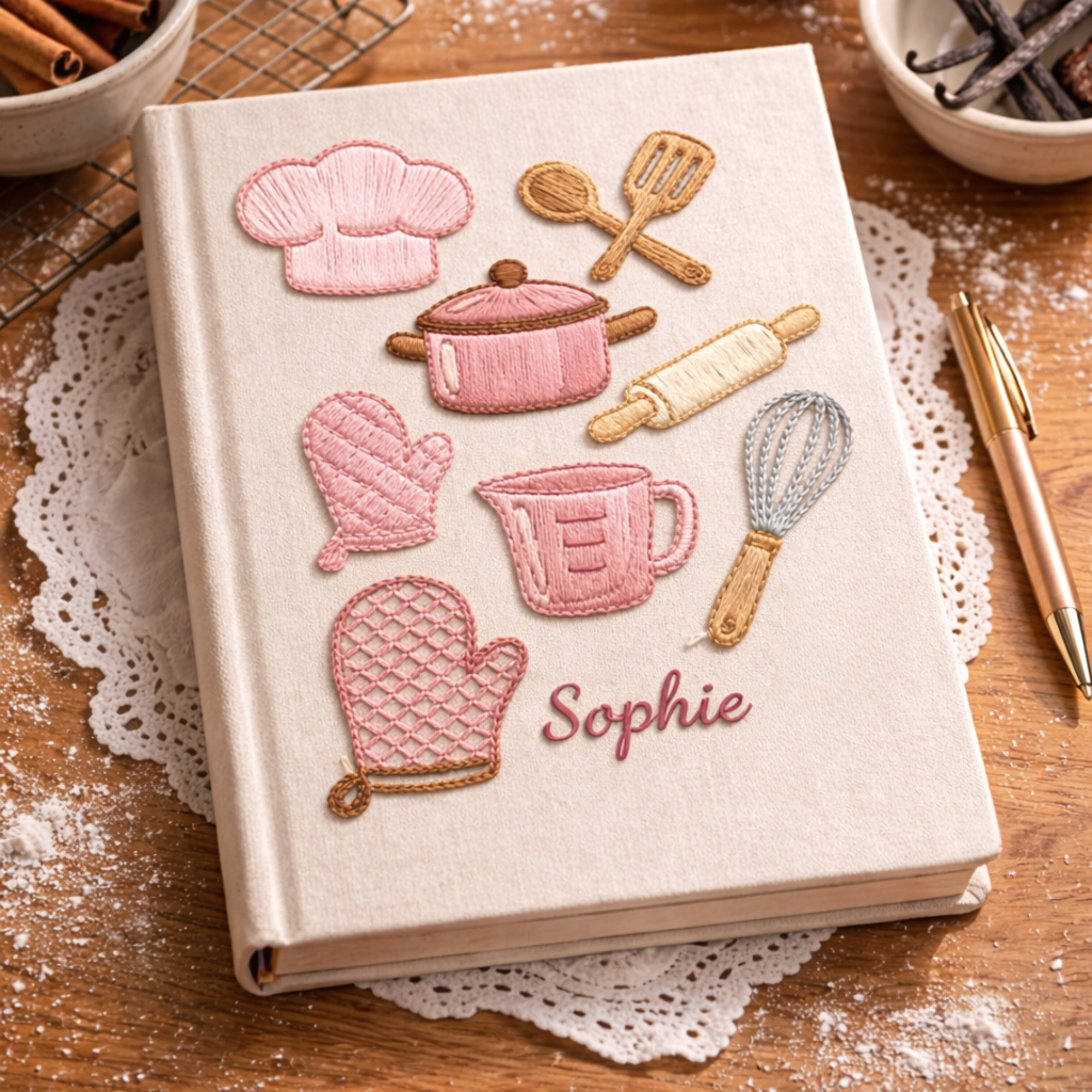 Personalized hand embroidered recipe book featuring pink baking tools, stand mixer, oven mitts, recipe cards, measuring cups, chef hat, whisk, and bakery-inspired embroidery on linen cover.