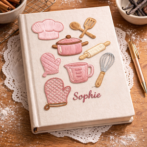 Personalized hand embroidered recipe book featuring pink baking tools, stand mixer, oven mitts, recipe cards, measuring cups, chef hat, whisk, and bakery-inspired embroidery on linen cover.