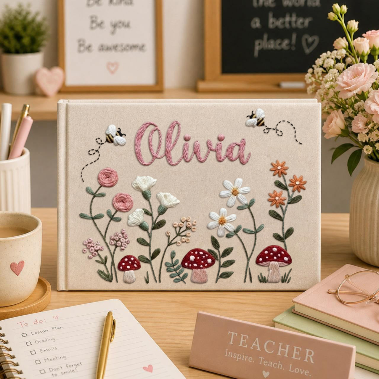 Personalized woodland mushroom garden hand embroidered linen notebook with wildflowers bees and custom name