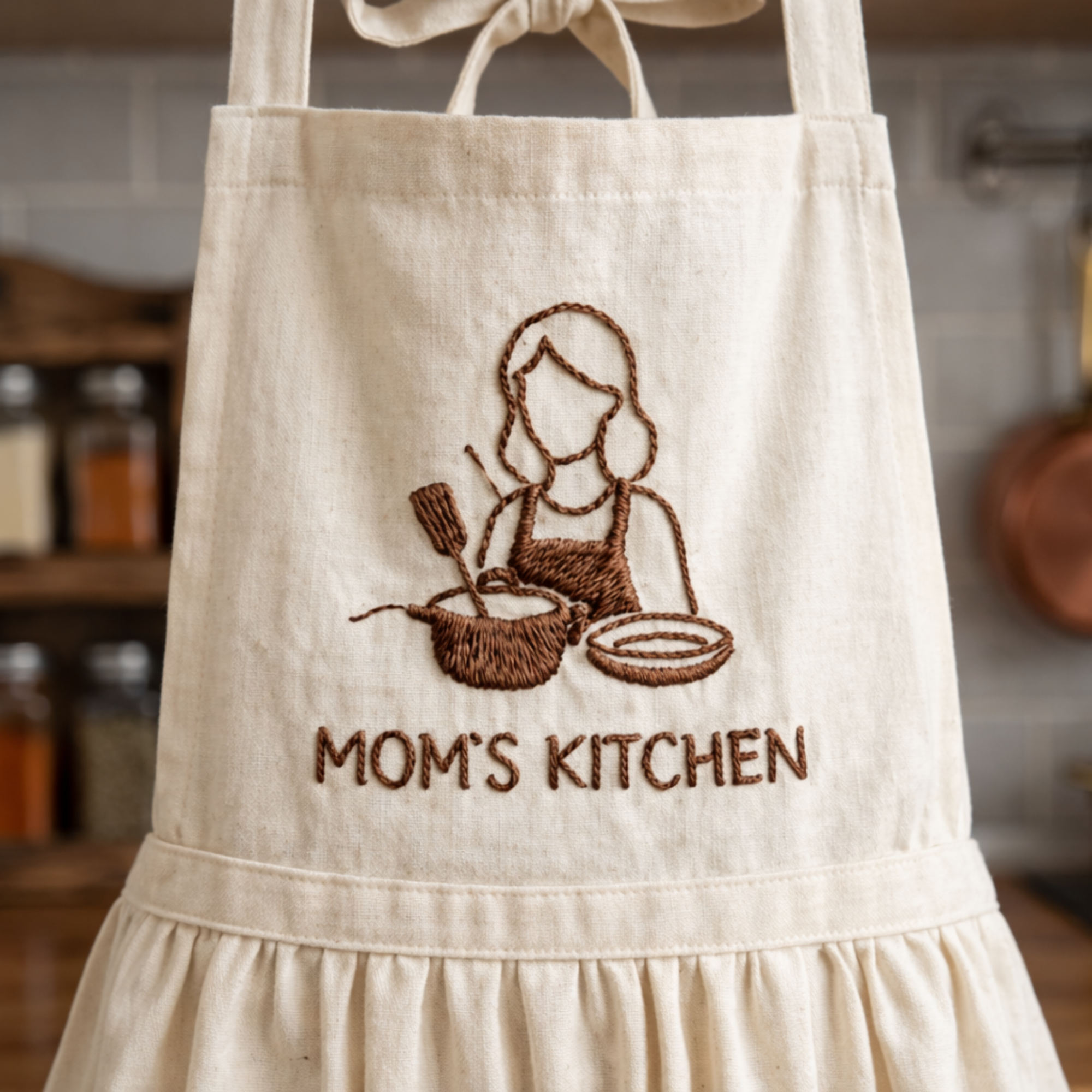 Personalized Mom's Kitchen hand embroidered linen apron featuring kitchen-inspired embroidery design, cooking apron for women, baking apron, farmhouse kitchen gift.