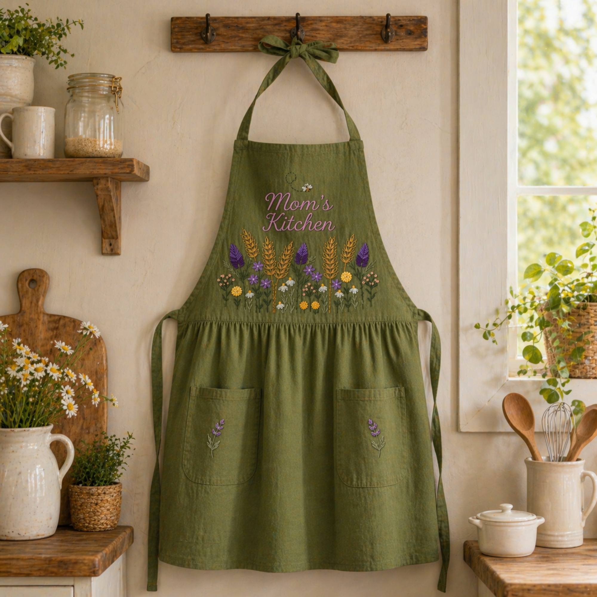 Personalized hand embroidered wildflower linen apron featuring lavender, meadow flowers and wheat botanical embroidery, custom kitchen apron for cooking baking gardening and floral gifts.