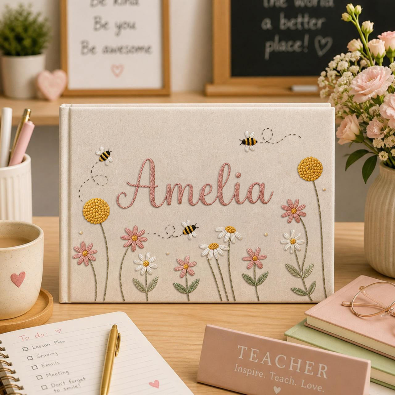 Personalized bee daisy garden hand embroidered linen notebook with floral embroidery bees and custom name