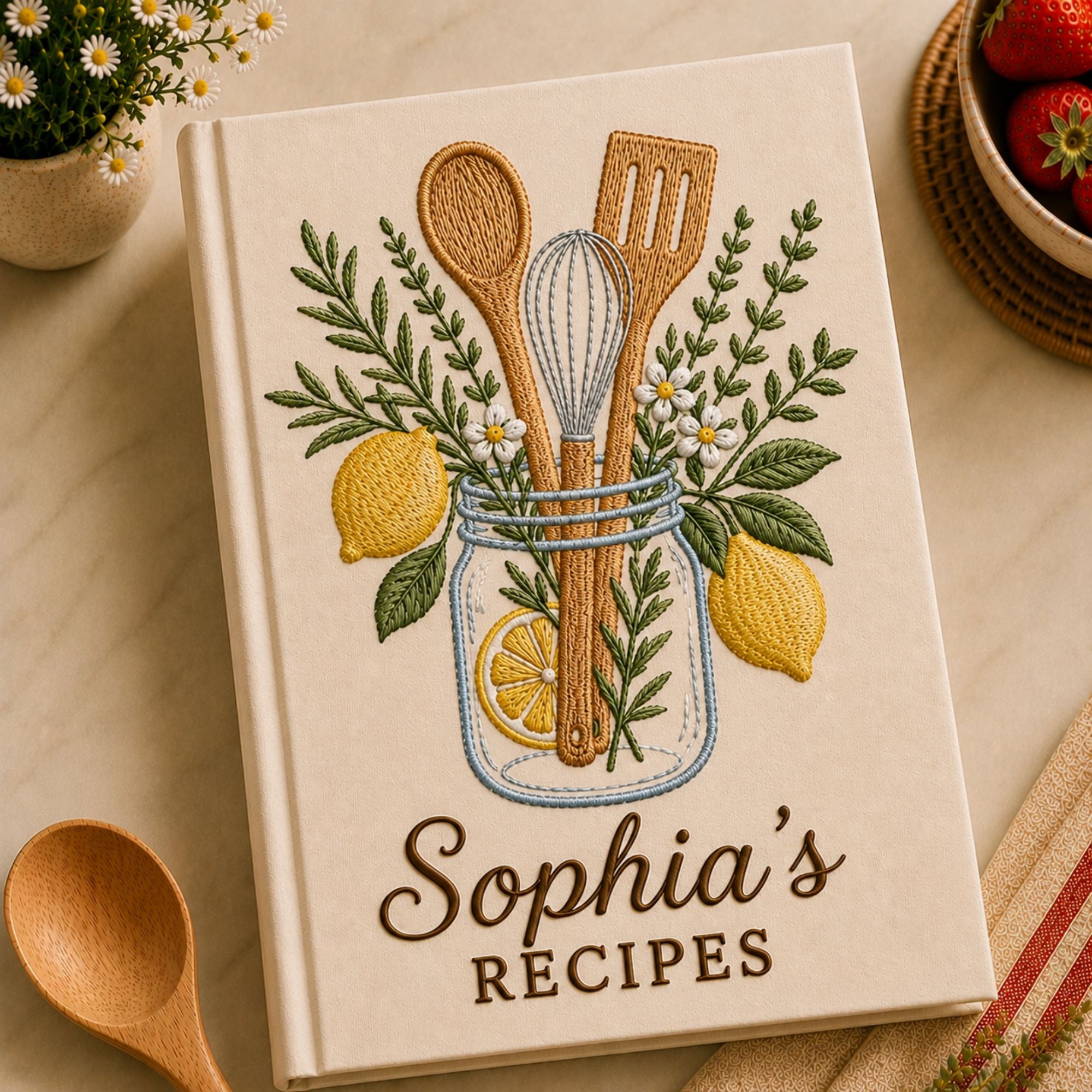 Personalized lemon herb kitchen hand embroidered recipe book featuring mason jar, whisk, wooden spoon, spatula, lemons, rosemary, and botanical embroidery
