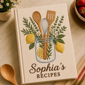 Personalized lemon herb kitchen hand embroidered recipe book featuring mason jar, whisk, wooden spoon, spatula, lemons, rosemary, and botanical embroidery