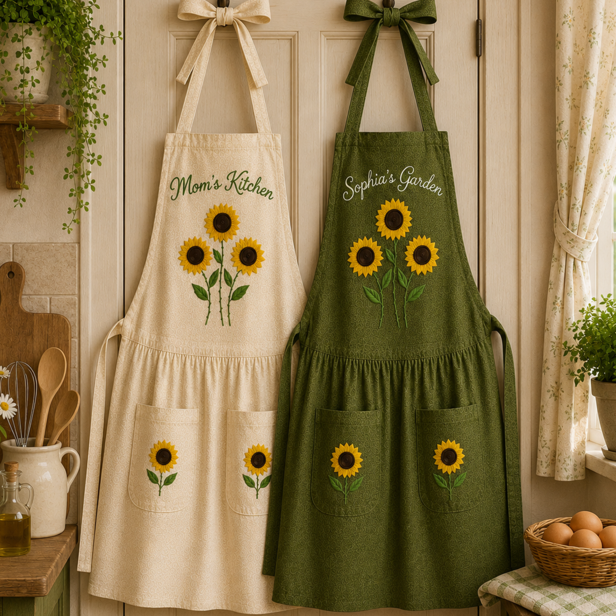 Personalized hand embroidered sunflower garden apron featuring custom garden name embroidery, floral linen cooking apron for women, gardening apron, florist gift, farmhouse kitchen apron.