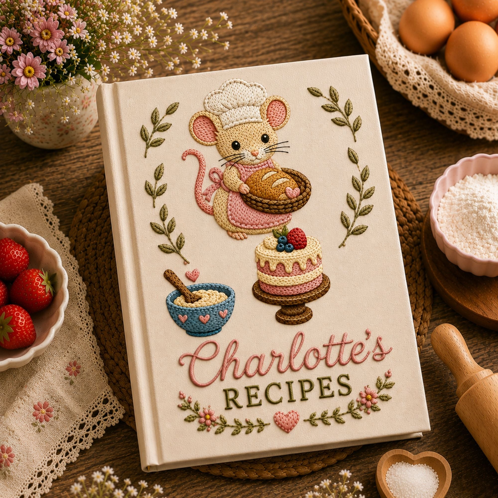 Personalized baking mouse hand embroidered recipe book with custom name and cottagecore bakery design