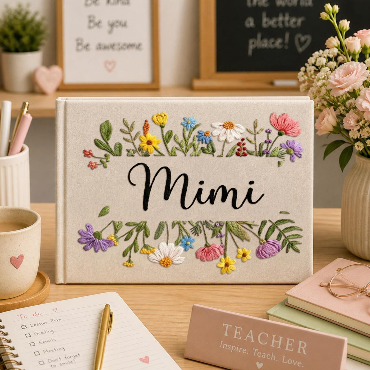 Personalized wildflower frame hand embroidered linen notebook with colorful floral border and custom name