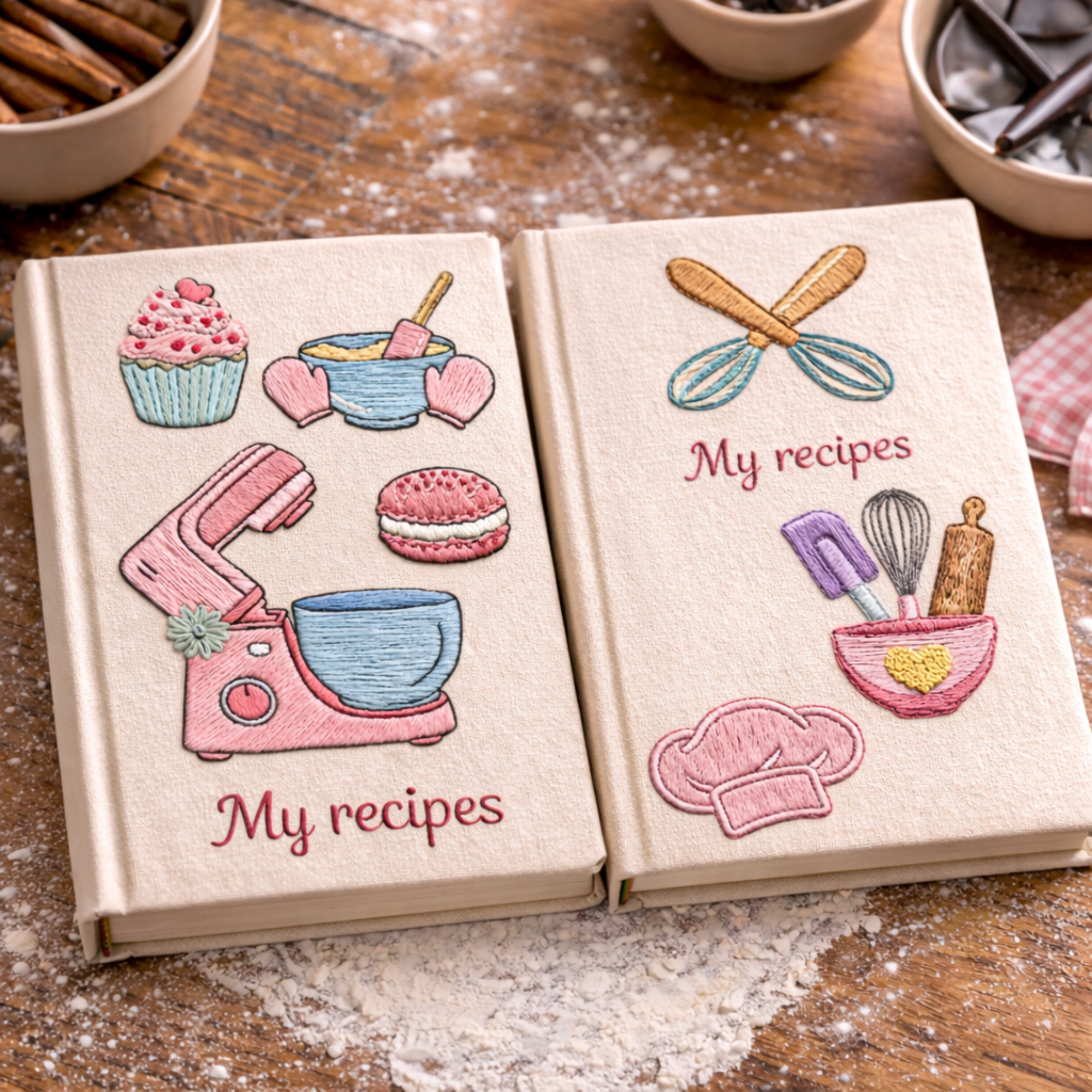Personalized hand embroidered recipe book featuring a pastel dessert workshop theme with stand mixer, mixing bowls, cupcakes, macarons, oven mitts, and baking accessories.