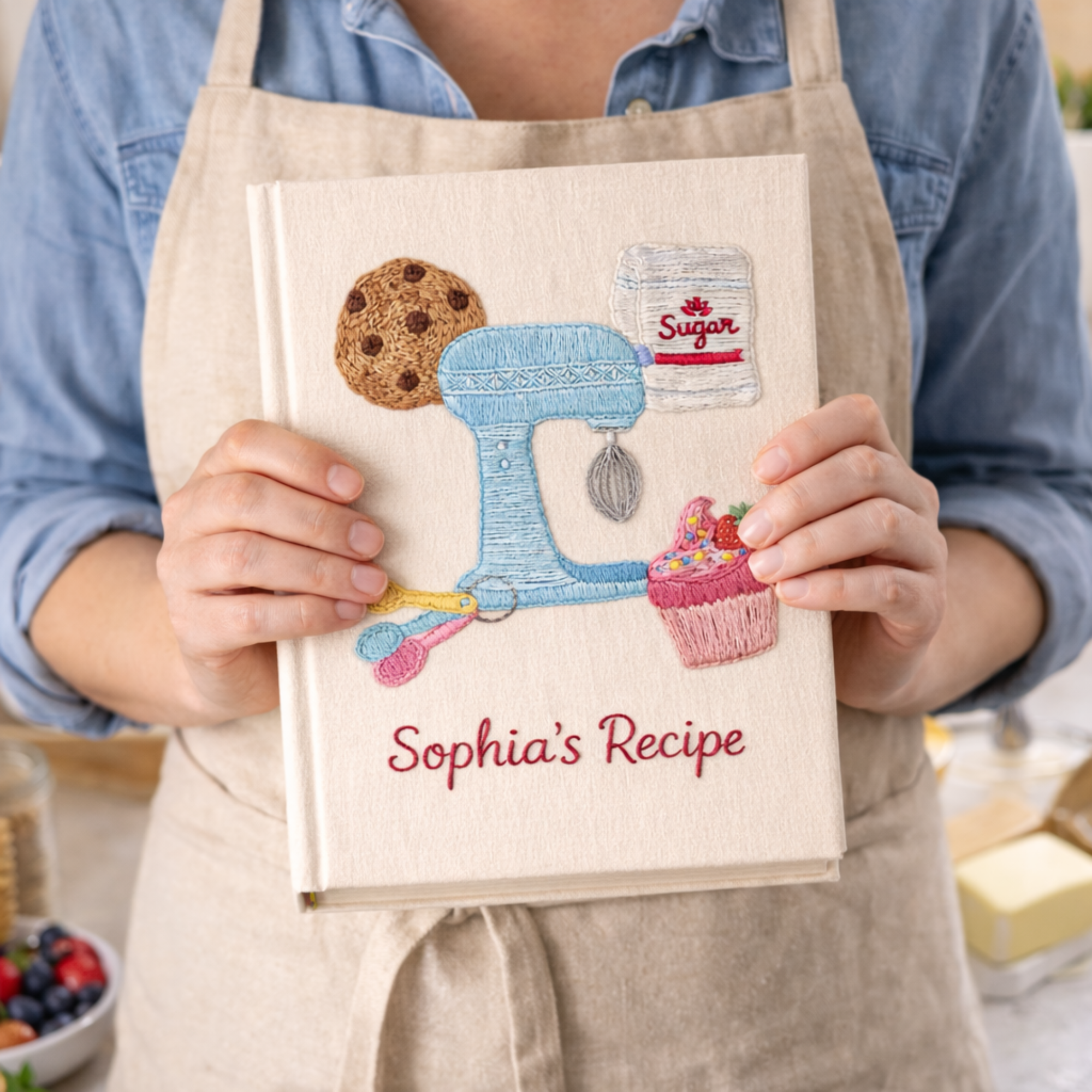 Personalized hand embroidered recipe book featuring a vintage stand mixer, cupcake, cookie, sugar bag and baking utensils on a linen cover.