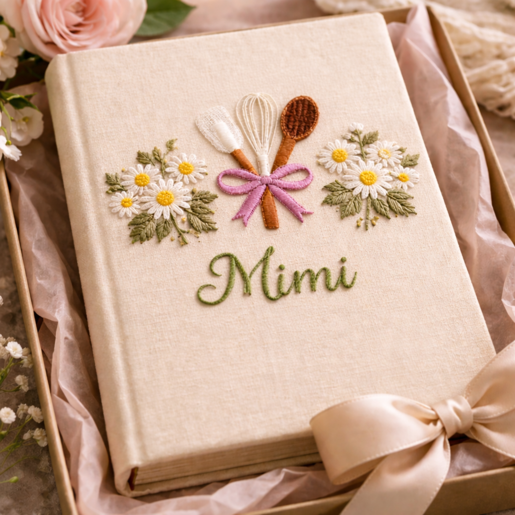 Personalized hand embroidered recipe book featuring a whisk, spatula, wooden spoon tied with a pink ribbon and surrounded by white daisies on a linen cover.