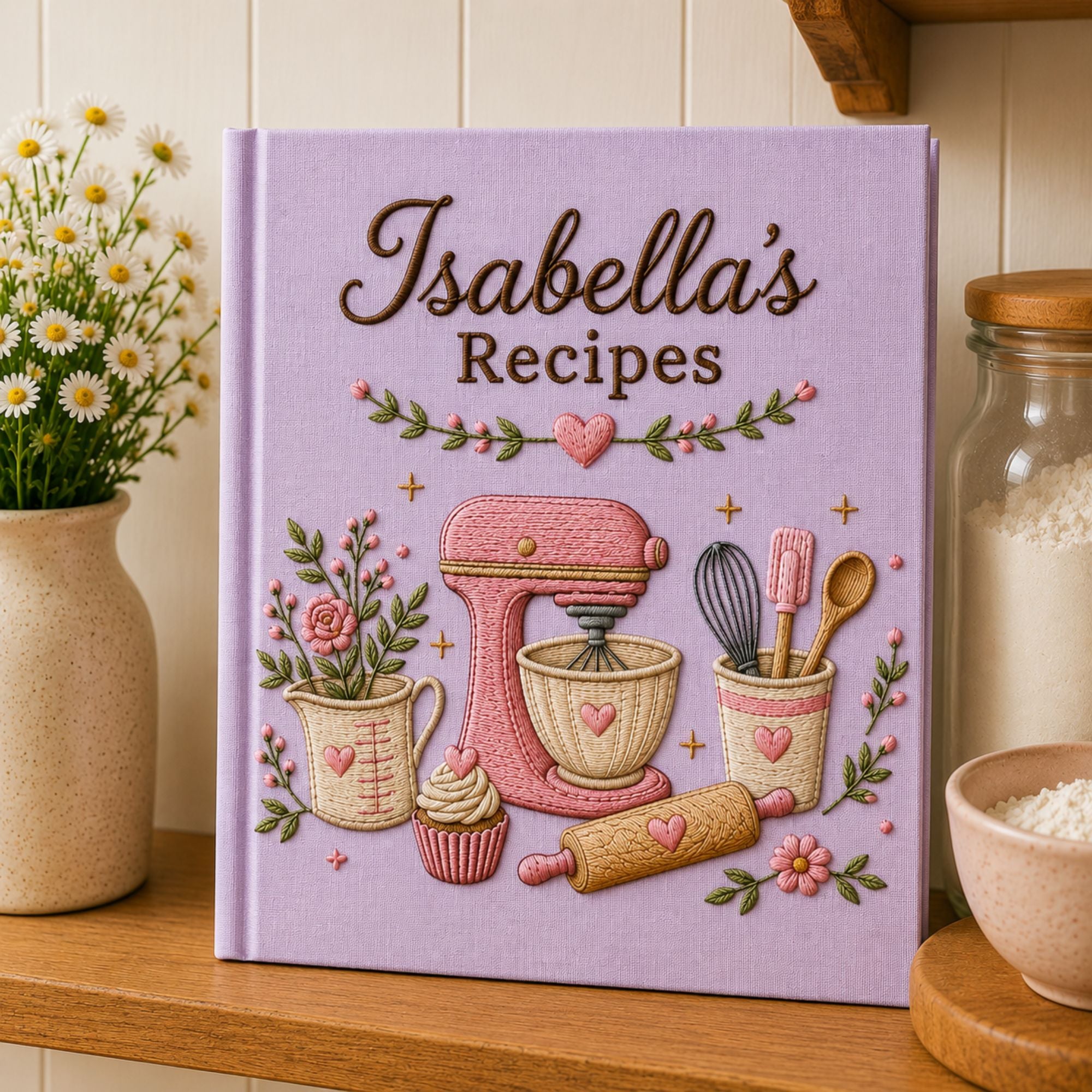 Personalized hand embroidered recipe book featuring a pink stand mixer, whisk, spatula, rolling pin, cupcake, measuring cup and floral baking motifs on a linen cover.