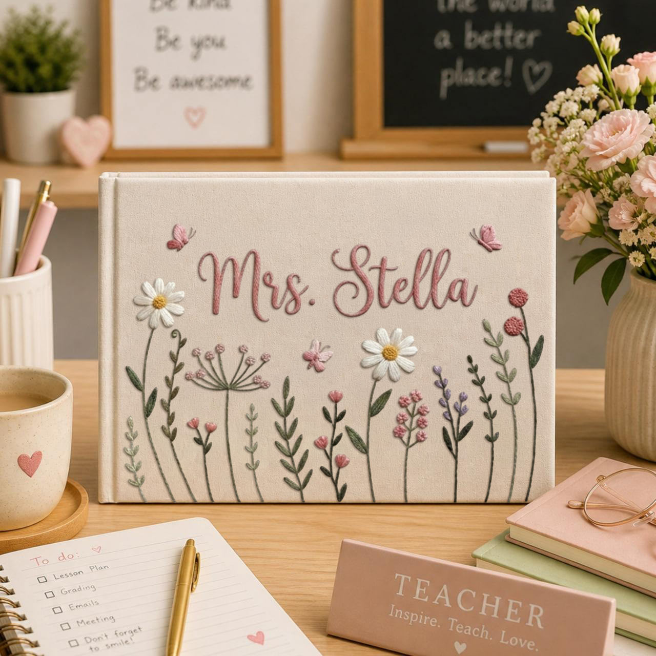 Personalized cottage garden floral hand embroidered linen notebook with daisies wildflowers and custom name