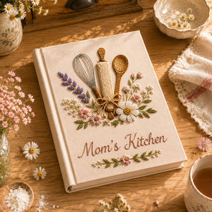 Personalized floral baking hand embroidered recipe book with whisk rolling pin wooden spoon and wildflower embroidery on linen cover