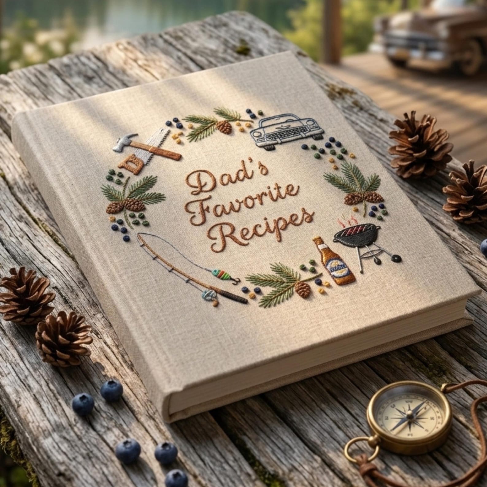 Personalized hand embroidered recipe book featuring fishing rod, barbecue grill, vintage truck, woodworking tools, pine branches and outdoor dad themed design on linen cover.