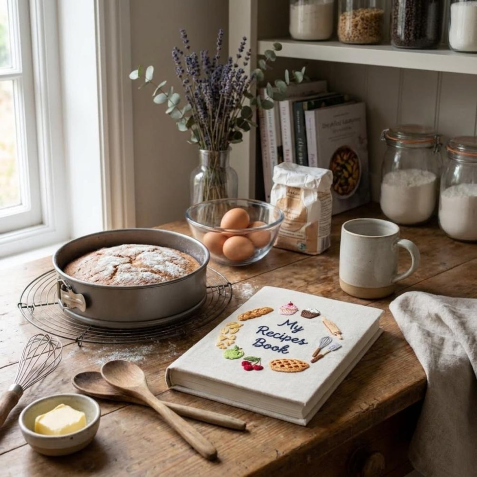 Hand embroidered recipe book featuring cupcakes, pie, artisan bread, pasta, fruit and baking tools on linen cover.