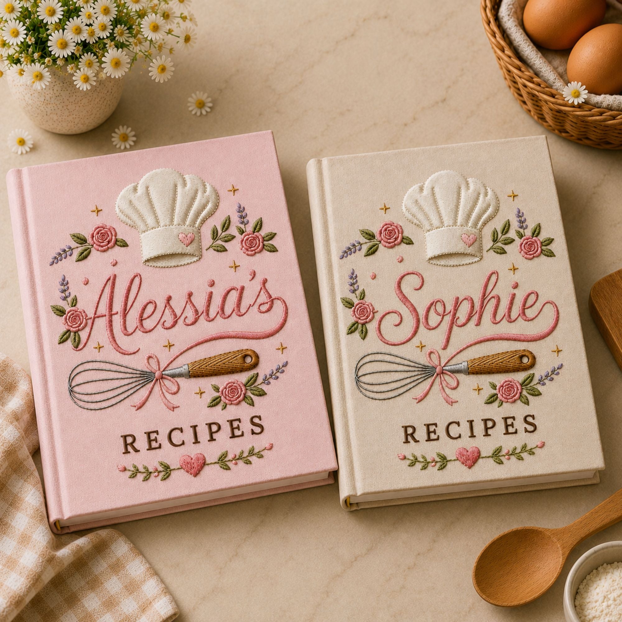 Personalized hand embroidered recipe book featuring a chef hat, whisk with ribbon, pink roses, lavender flowers and custom name embroidery on a linen cover.