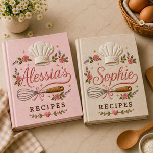 Personalized hand embroidered recipe book featuring a chef hat, whisk with ribbon, pink roses, lavender flowers and custom name embroidery on a linen cover.