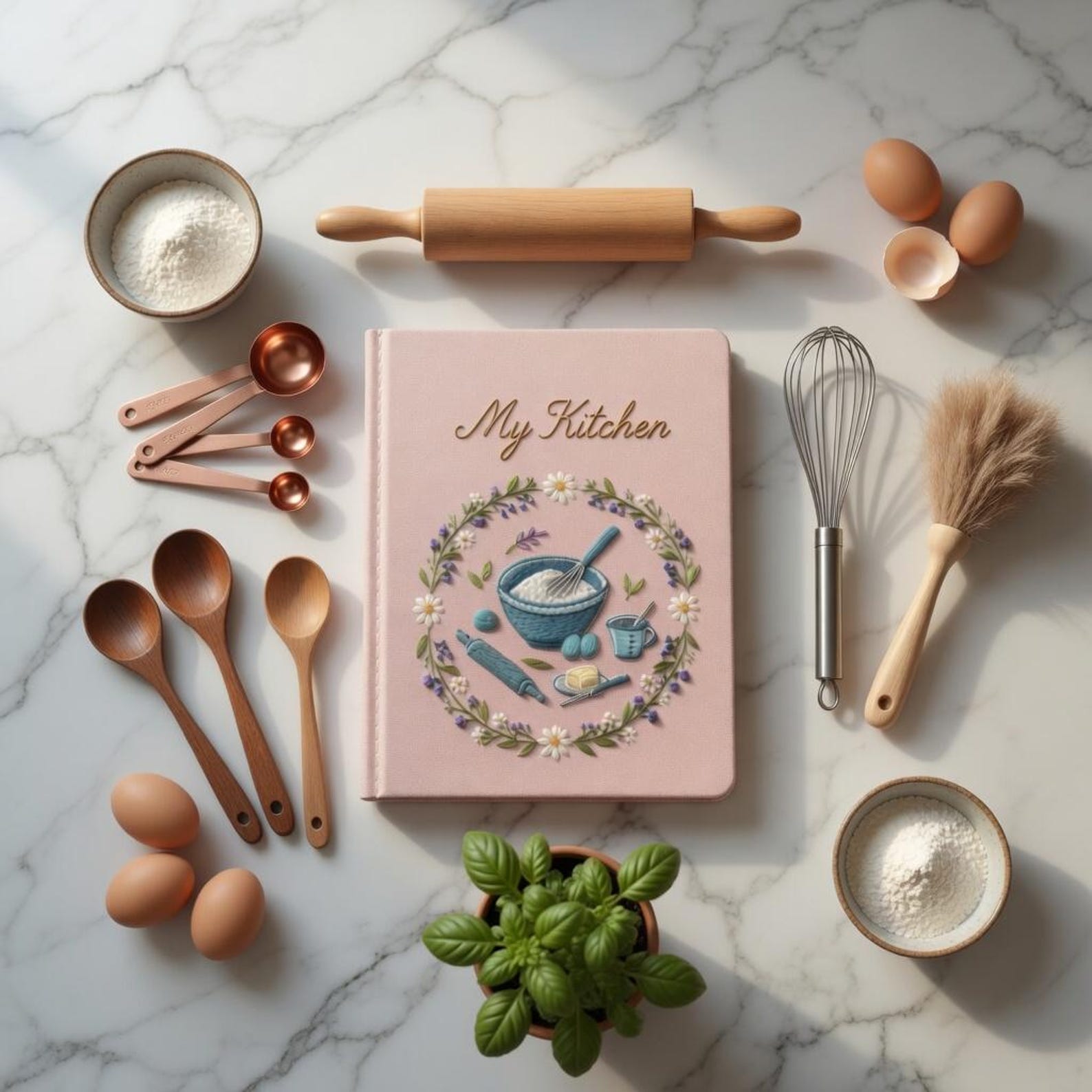 Personalized hand embroidered recipe book featuring floral baking wreath with mixing bowl whisk rolling pin and baking ingredients on linen cover