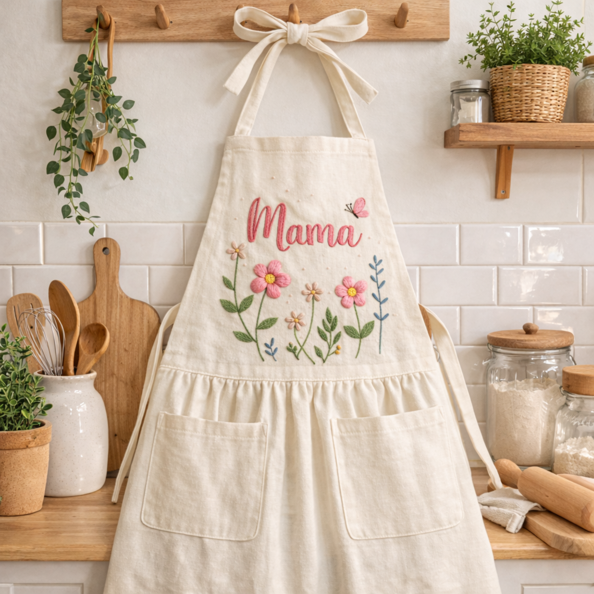 Personalized hand embroidered cottage garden apron featuring custom name, floral embroidery, butterflies, and botanical details on green linen fabric.