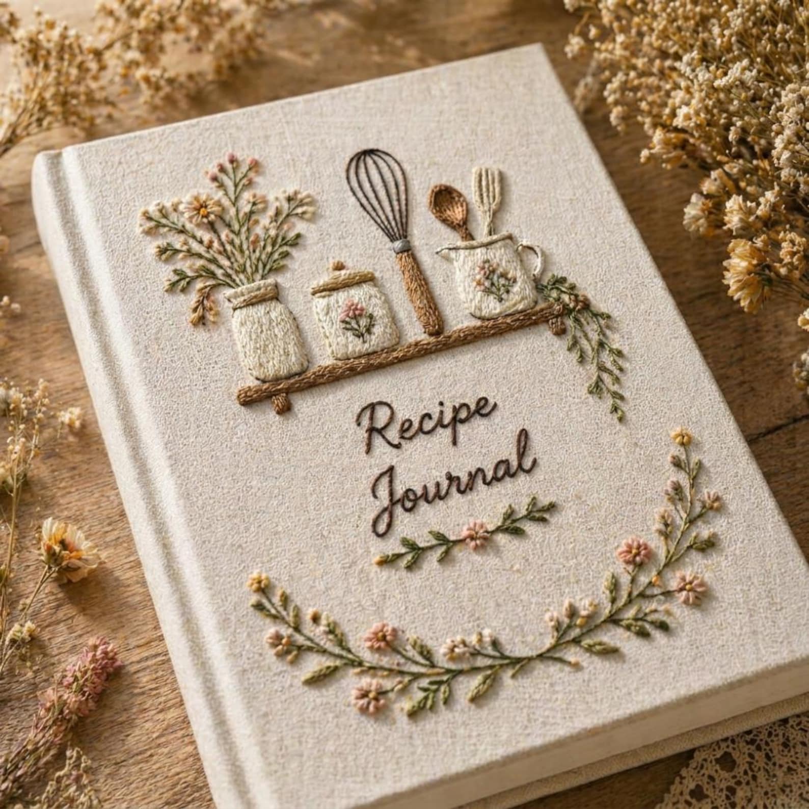 Hand embroidered recipe journal featuring floral kitchen shelf with vintage jars whisk baking utensils and botanical wreath on linen cover