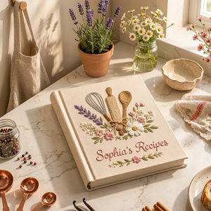 Personalized hand embroidered recipe book featuring floral baking utensils embroidery on linen hardcover notebook
