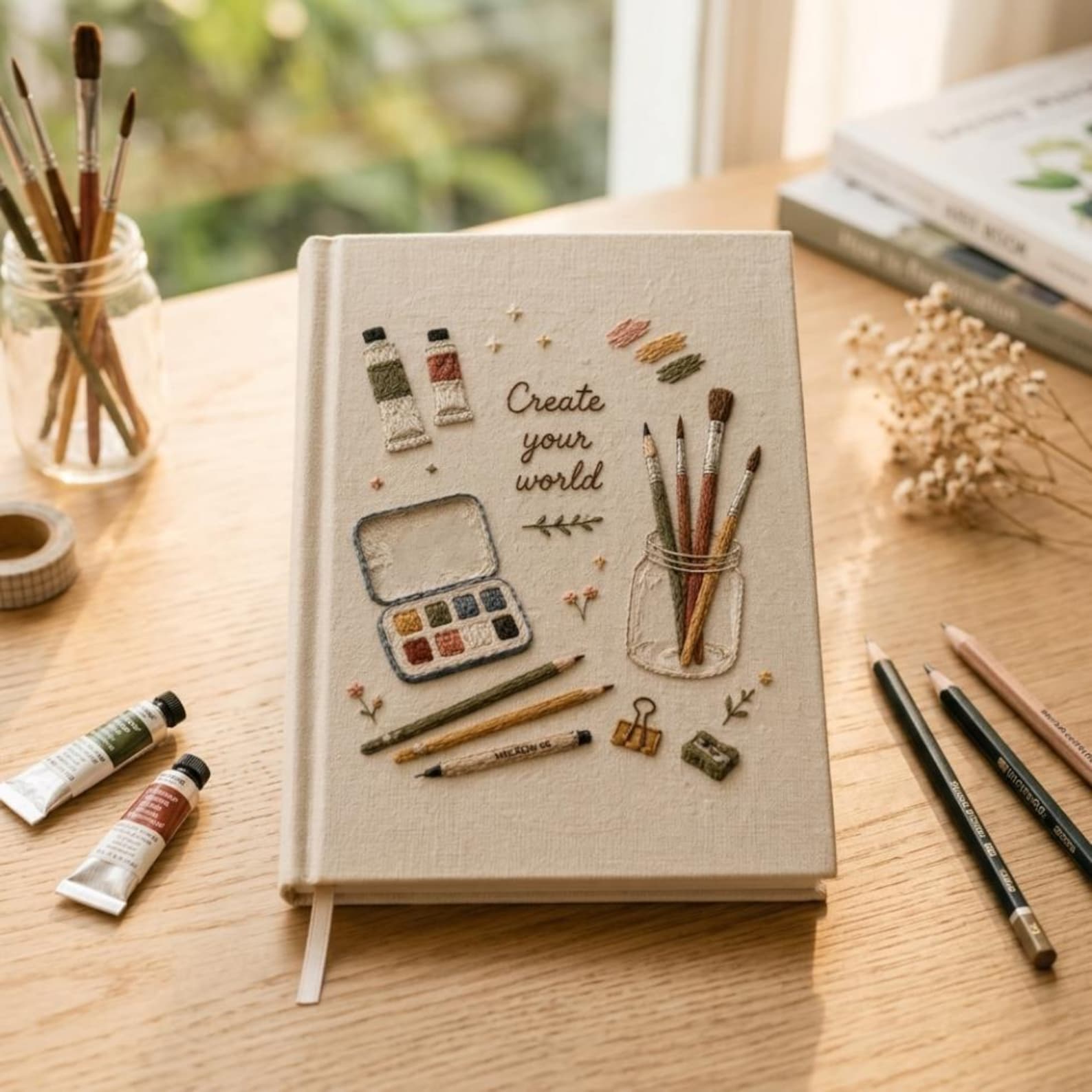 Hand embroidered artist journal featuring paint brushes watercolor palette pencils paint tubes and creative studio supplies on linen cover