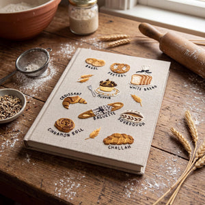 Hand embroidered recipe book featuring artisan breads including bagels, pretzels, croissants, baguettes, sourdough, muffins and cinnamon rolls.
