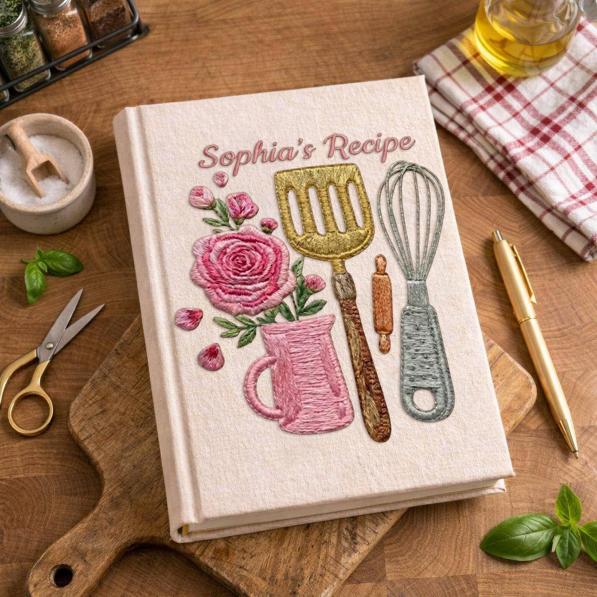 Personalized embroidered kitchen recipe notebook handmade linen floral cookbook 4